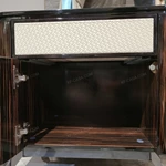 Striped Natural Wood Veneer Nightstand with Woven Leather Accents